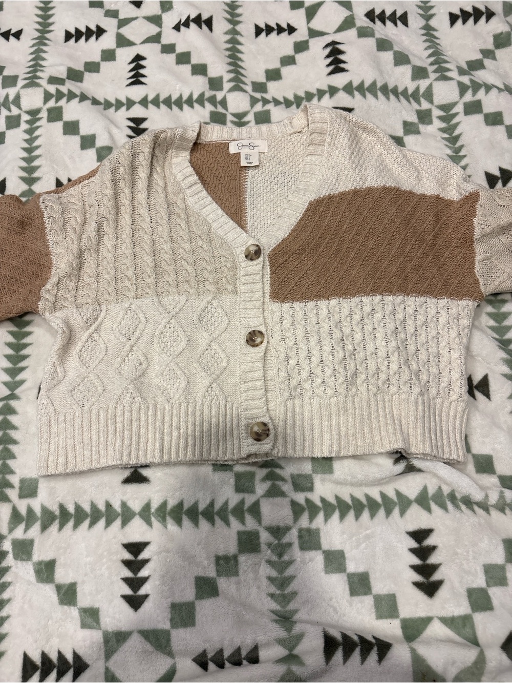 Jessica Simpson Cream & Tan Colorblock Cable Knit Cardigan